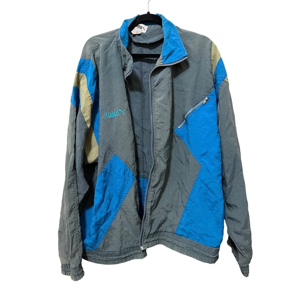 Vintage PUMA Track Jacket XL Full‎ Zip Gray Blue Teal Windbreaker Menswear